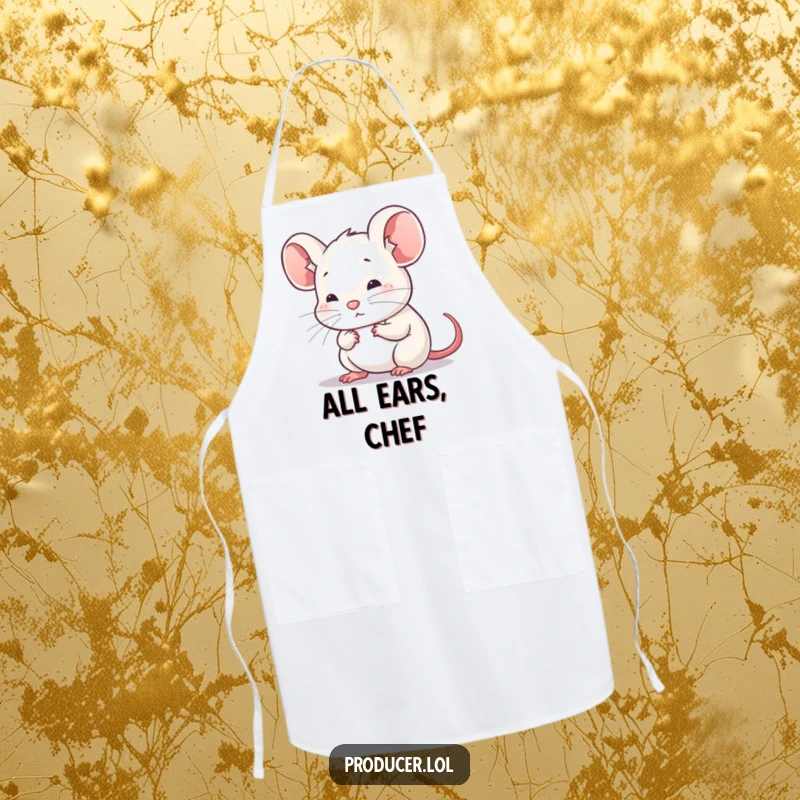 Funny apron showcasing a mouse listening intently, perfect for the kitchen, bringing a sense of careful concentration to meal prep.