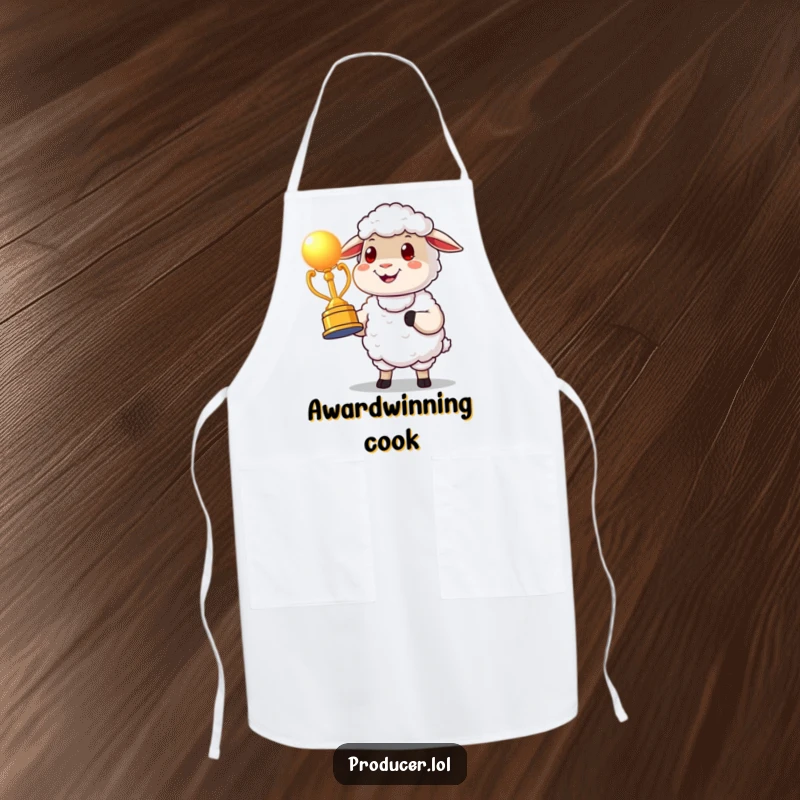 Funny proud sheep award apron, presenting a glowing award statue, ready for kitchen adventures with celebratory flair and humor.