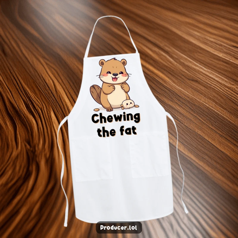Funny Beaver Apron: A joyful beaver is depicted constructing an elaborate set, ready to protect you during creative endeavors.