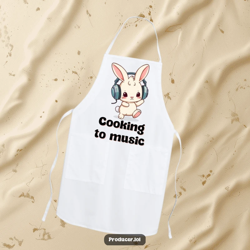 Funny apron showing a curious bunny wearing oversized headphones and tapping its foot, ready for kitchen duty with a humorous, rhythmic flair.