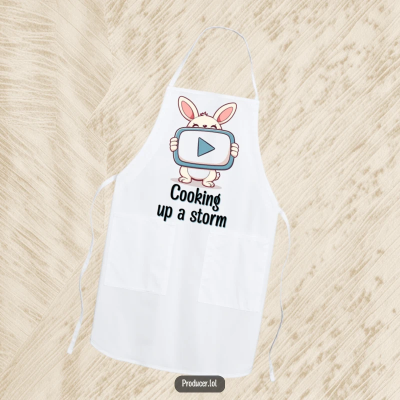 Funny bunny with a determined look holds a giant PLAY button, printed on a kitchen apron.