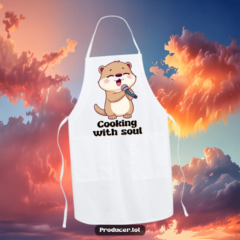 Funny otter apron, cute character singing into a microphone while cooking, bringing joy to the kitchen.