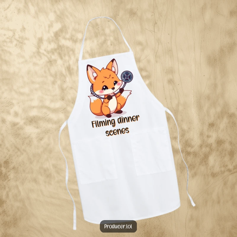 Funny playful fox spinning a film reel on one claw, a humorous and practical apron for culinary creativity.