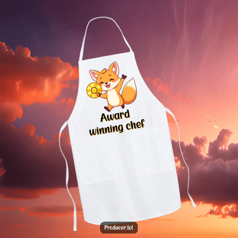 Funny apron showing an energetic fox cub holding a golden record and jumping with delight, ready for kitchen duty with a humorous, celebratory flair.