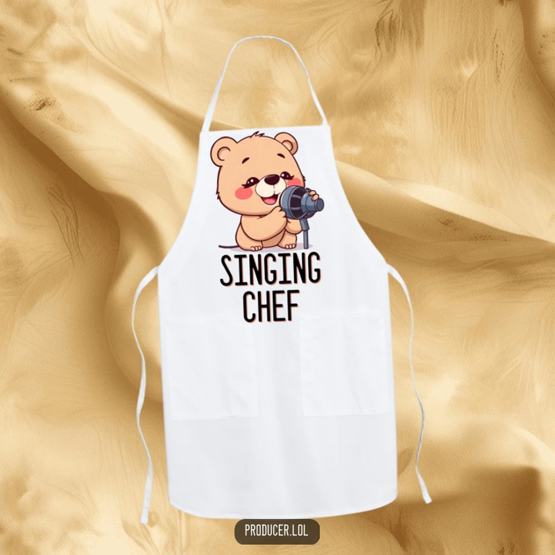 Funny apron with a cartoon bear leaning into a microphone with intense, happy concentration, perhaps singing while cooking.