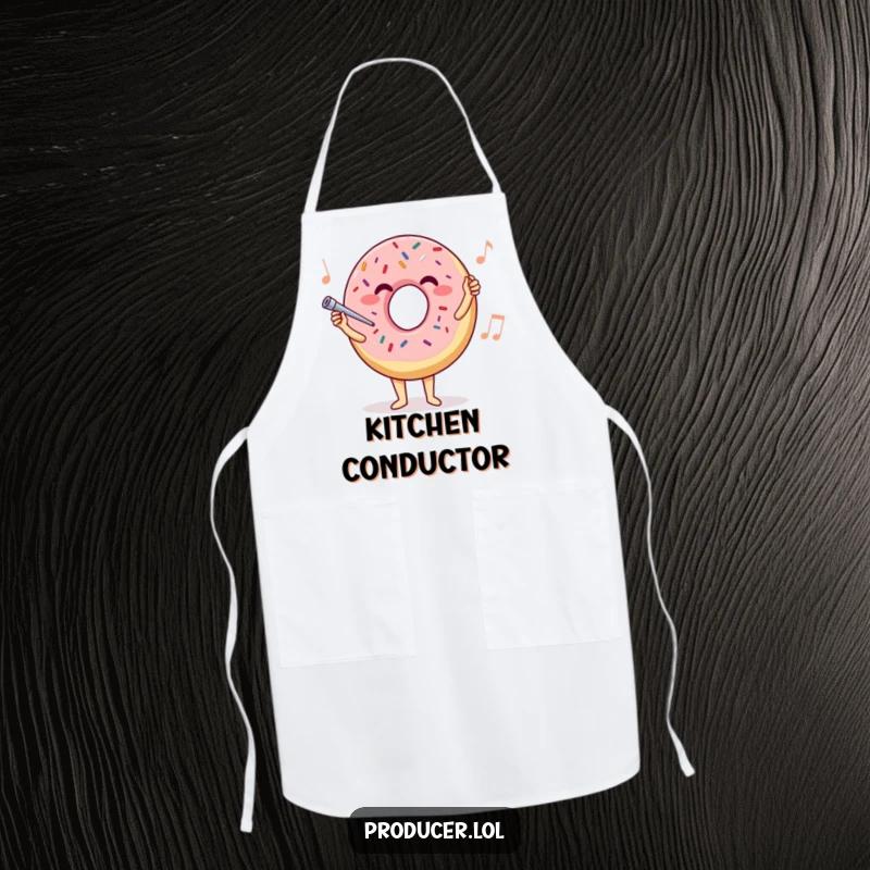 Funny donut conductor apron, a chef's garment with a joyful sprinkle donut leading an orchestra, adding musical flair to cooking.