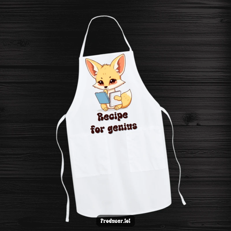 Funny fennec fox apron, pondering chef, script notebook, kitchen accessory, culinary humor.