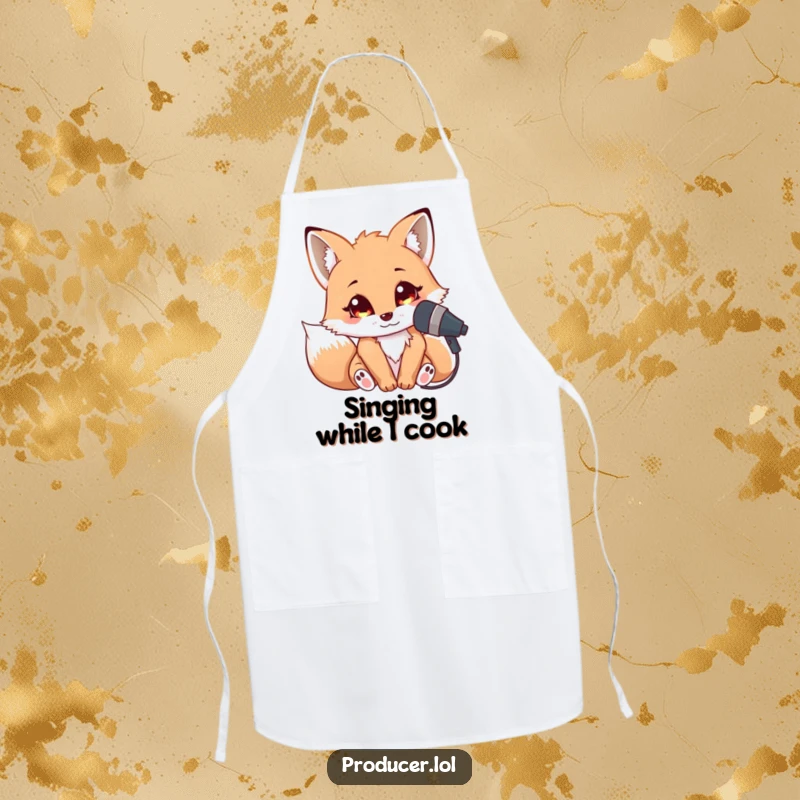 Funny Fox Singer Apron: A cuddly fox leaning into a microphone with bright eyes, ready to cook and sing.