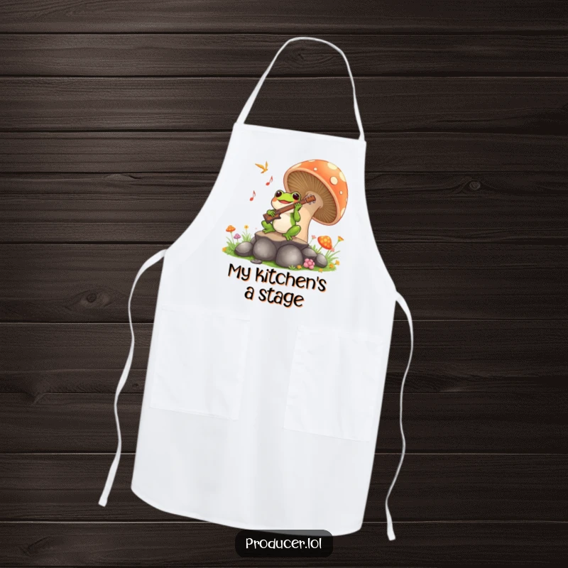 Funny Frog Symphony Apron: A joyful frog plays music from a mushroom, a hilarious and functional apron for kitchen chefs.