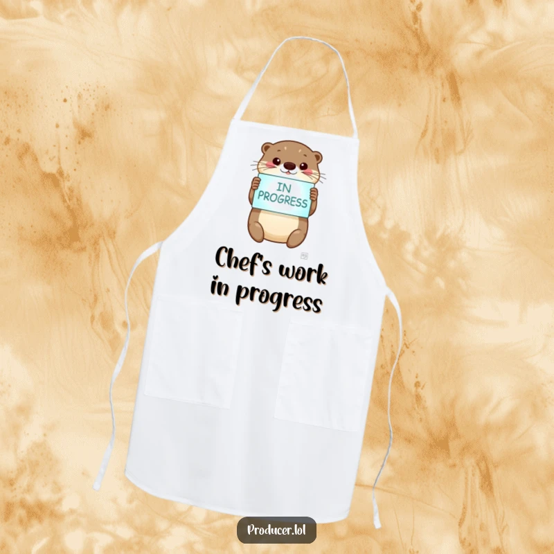 Funny otter apron, happy chef otter, holding 'In Progress' sign, kitchen wear, cooking accessory.