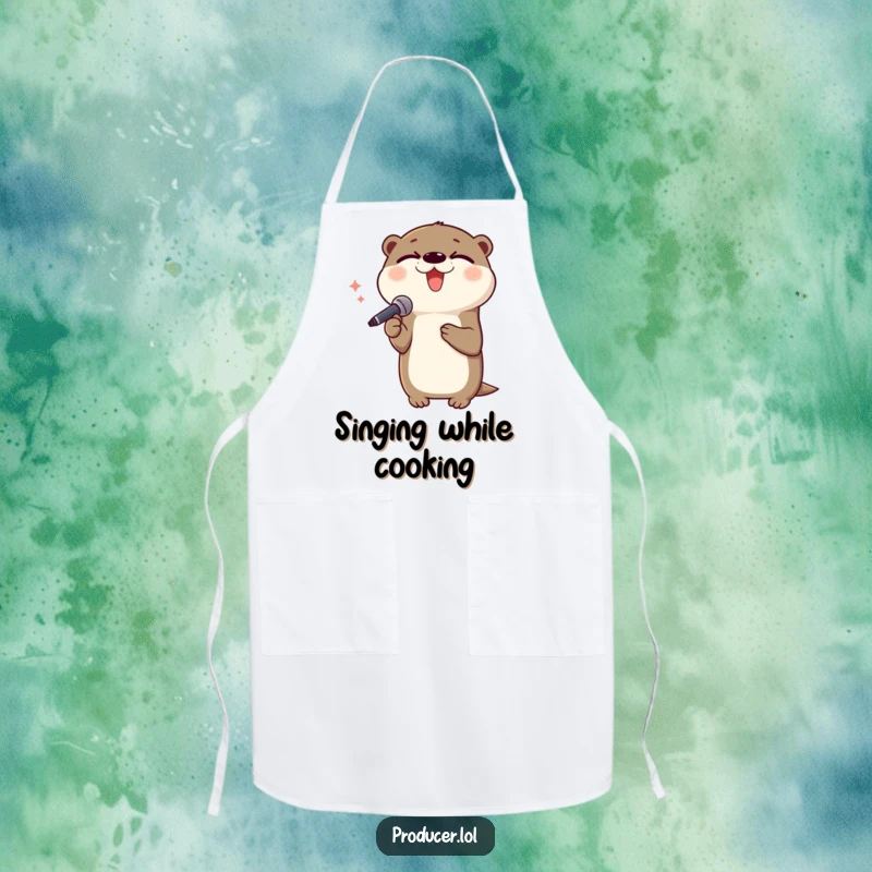 Funny otter apron, singing while cooking, kitchen performer theme, culinary accessory, humorous gift for foodies.