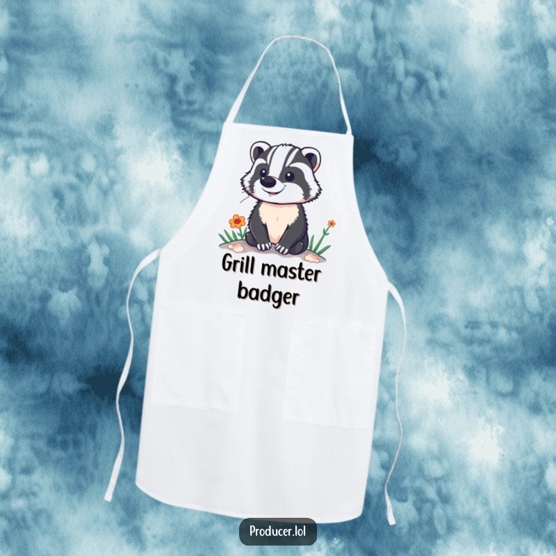 Funny kitchen apron showing a proud badger standing tall, confidently overlooking a brightly lit and vibrant stage or set.
