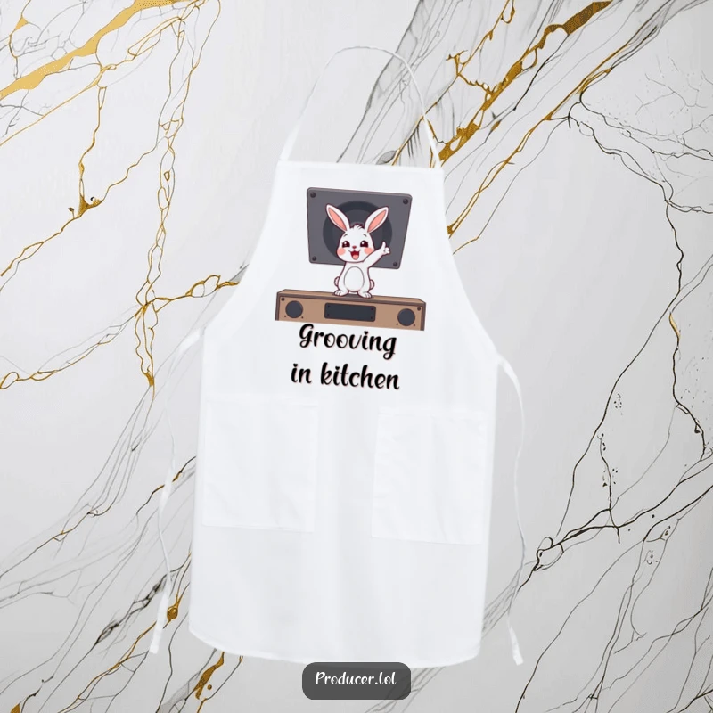 Funny bouncing rabbit character enthusiastically pointing, ready to blast tunes while cooking, on this humorous kitchen apron.