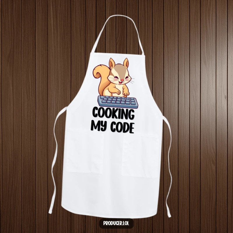 Funny apron showcasing a busy squirrel energetically typing on a keyboard with tiny paws, adding a splash of focused work and humor.