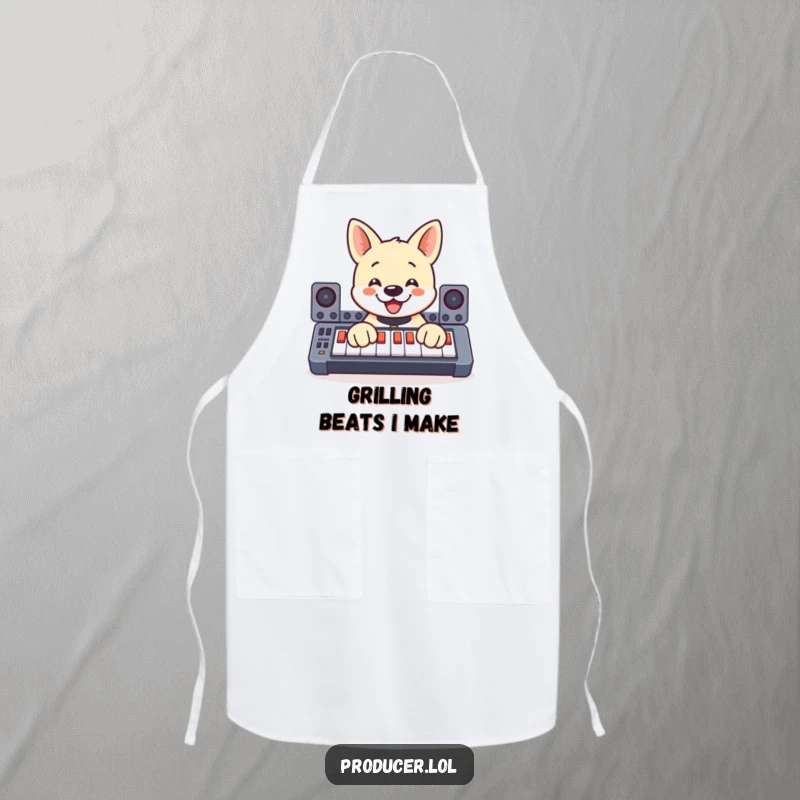 Funny apron showing a happy dog enthusiastically pressing buttons on a soundboard with its paws, perfect for humorous cooking.