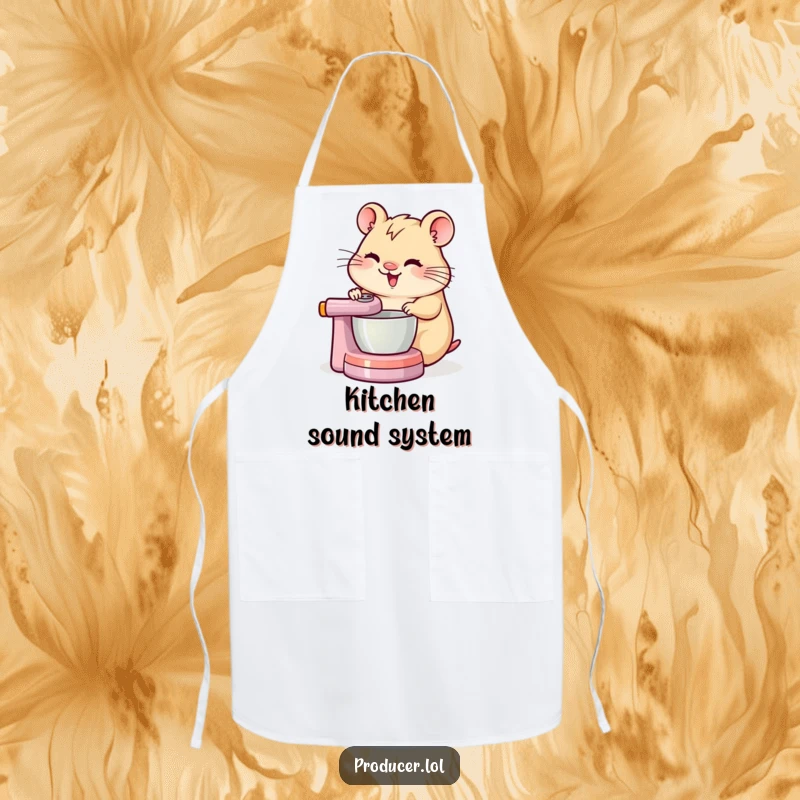 Funny cheerful hamster intensely focused on spinning a DJ mixing board, printed on a kitchen apron.