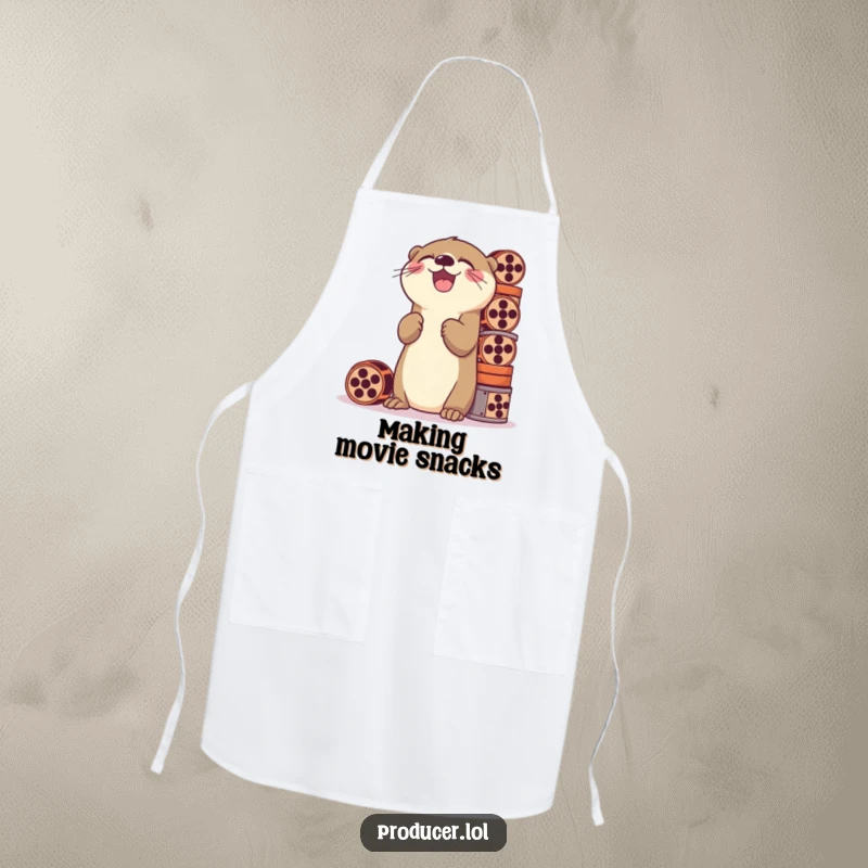 Funny apron showing a playful otter laughing while stacking a tall pile of film reels, perfect for humorous cooking sessions.