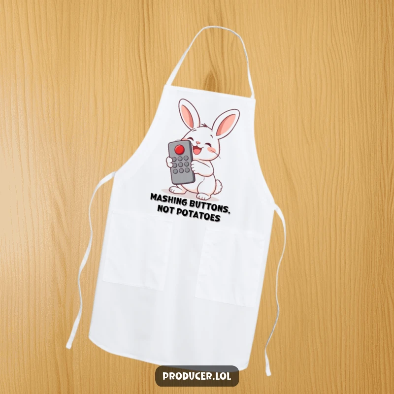 Funny Bunny Button Pusher Apron: A cheerful bunny gleefully presses a big red button with a large remote, perfect for kitchen fun and protection.