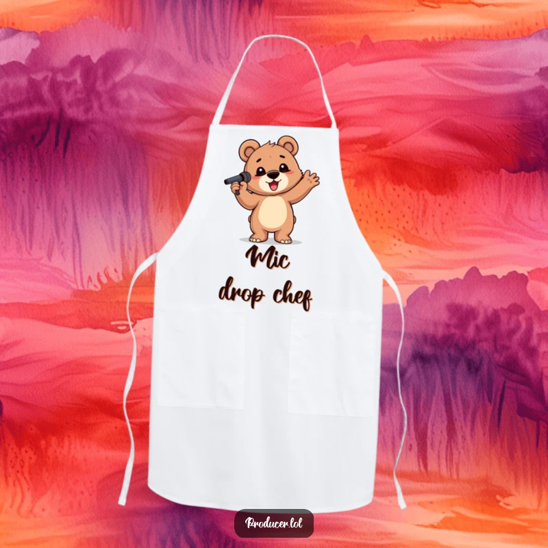 Funny Bear Cub Apron: A proud bear cub with a microphone, ready to perform in the kitchen, a hilarious culinary accessory.