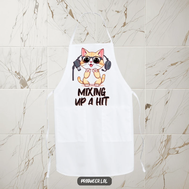 Funny cat DJ wearing a headset, clapping paws with delight, printed on a kitchen apron, perfect for cooks.