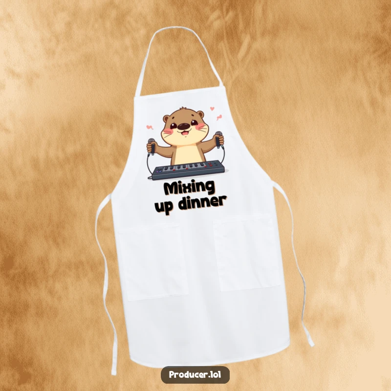 Funny otter DJ apron, juggling microphones and a soundboard, ready for kitchen adventures with musical flair and humor.