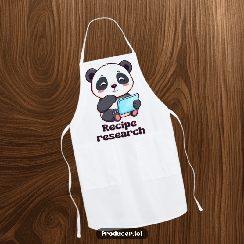 Funny playful panda tapping its chin thoughtfully while holding a glowing tablet, durable kitchen apron, humorous cooking accessory for foodies.