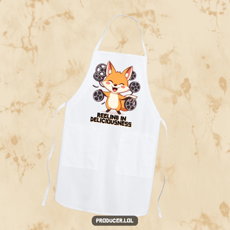 Funny Fox Juggling Apron: A playful fox with a goofy grin juggles film reels, perfect for kitchen fun and movie lovers.