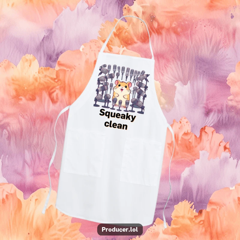 Funny apron with a happy hamster surveying a collection of microphones, ideal for kitchen broadcasts and culinary commentary with humor.