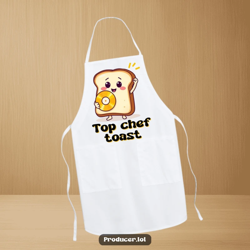 Funny toast record apron, a chef's garment with a smiling bread slice holding a golden record, adding musical joy to cooking.