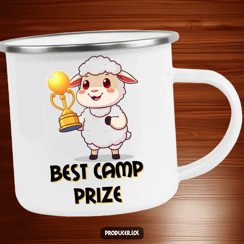 Funny proud sheep award character camping mug holding a glowing award statue, bringing celebratory cheer and humor to outdoor adventures.