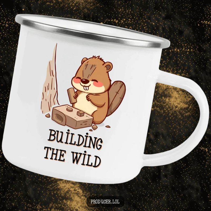 Funny Beaver Camping Mug with a busy beaver enthusiastically hammering a miniature set piece, durable funny gift.