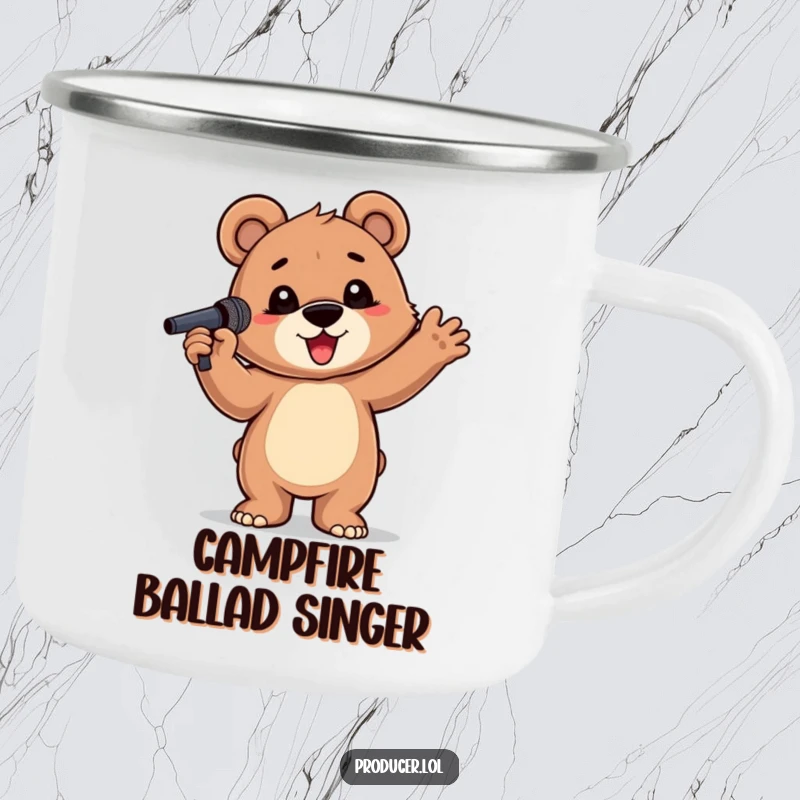 Funny Bear Cub Camping Mug: A proud bear cub with a microphone, ready for a campfire performance, a durable funny gift.