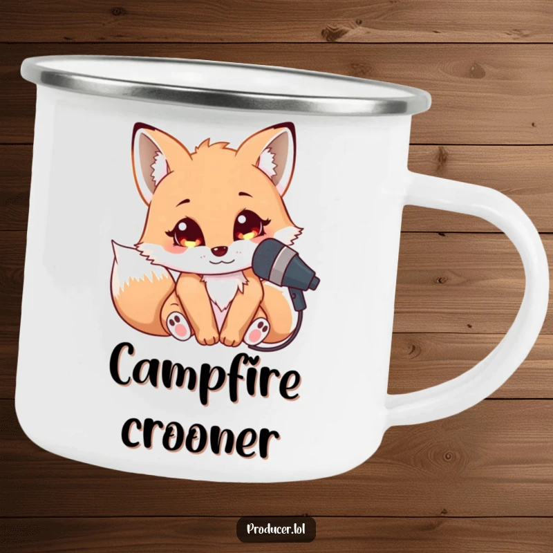 Funny Fox Singer Camping Mug: A cuddly fox leaning into a microphone with bright eyes, ideal for outdoor singing sessions.