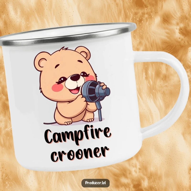 Funny camping mug of a cartoon bear with intense, happy concentration, leaning into a microphone, singing by a campfire.