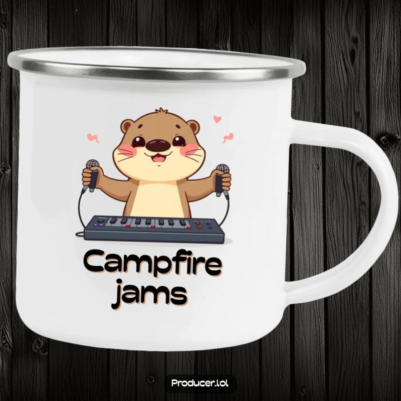 Funny otter DJ character camping mug juggling microphones and a soundboard, bringing musical cheer and humor to outdoor adventures.