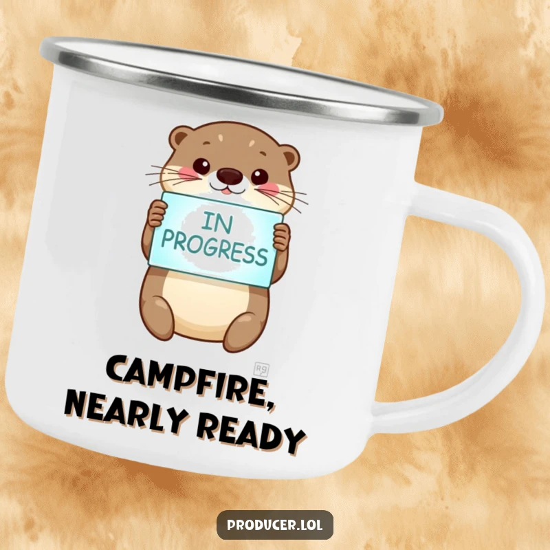 Funny otter camping mug, smiling otter, 'In Progress' sign, durable for outdoors, travel mug.