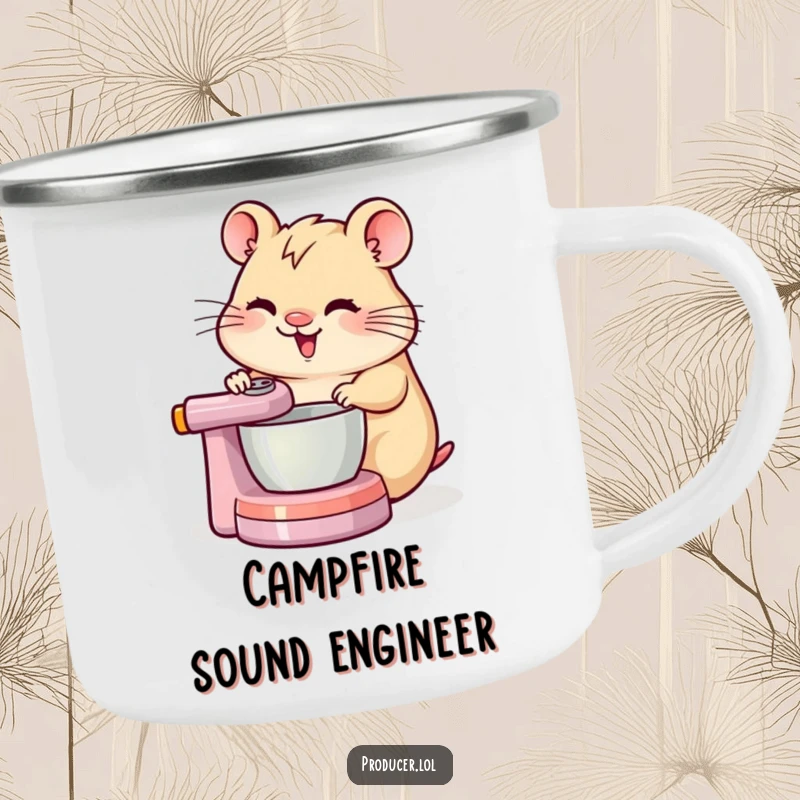 Funny cheerful hamster intently spinning a DJ mixing board on a sturdy camping mug.