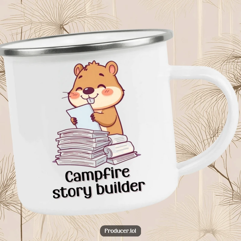 Funny beaver character enjoying the outdoors with a camping mug, diligently sorting scripts, smiling contentedly.