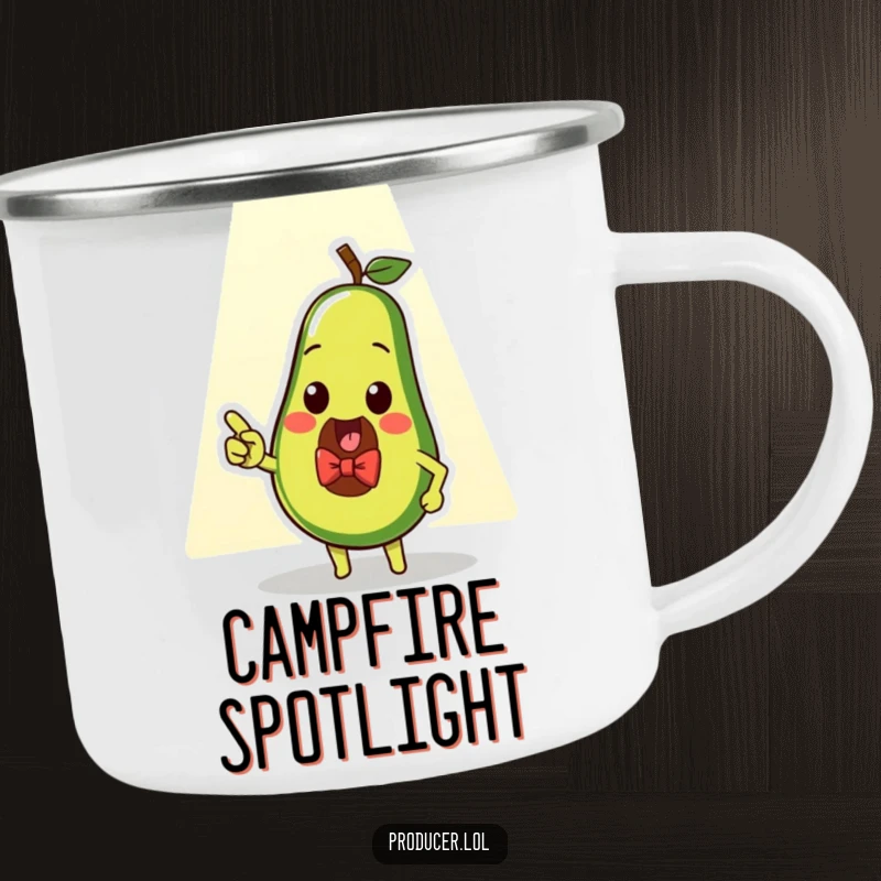 Funny avocado spotlight camping mug, a rugged drinkware with a dapper avocado pointing at a spotlight, perfect for outdoor flair.