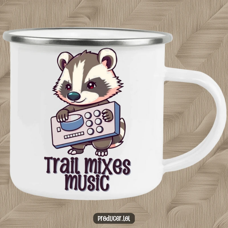 Funny badger camping mug, outdoorsy music producer, holding mixing board, durable and portable, ideal for adventures.
