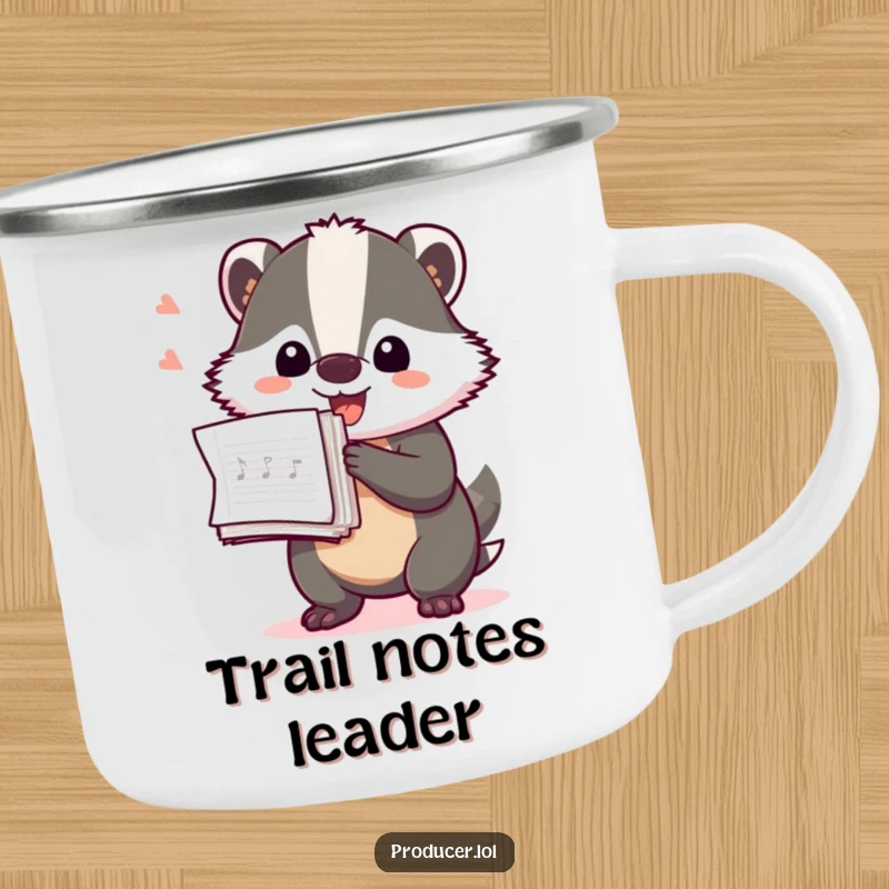 Funny Badger Producer Camping Mug: A playful badger holding production notes, ideal for outdoor note-taking and coffee breaks.