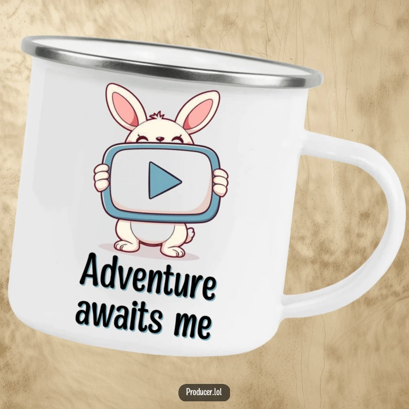 Funny bunny with a determined look grips a giant PLAY button on a durable camping mug.