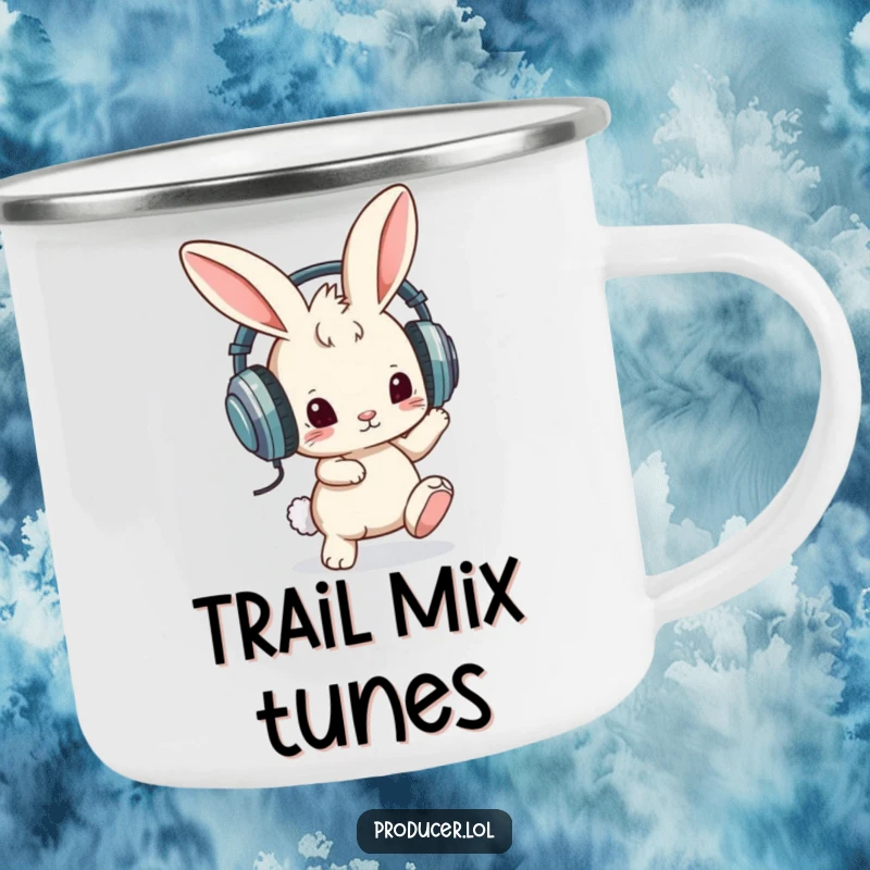 Funny camping mug showcasing a curious bunny wearing oversized headphones and tapping its foot, ideal for outdoor drinks with a humorous, musical vibe.