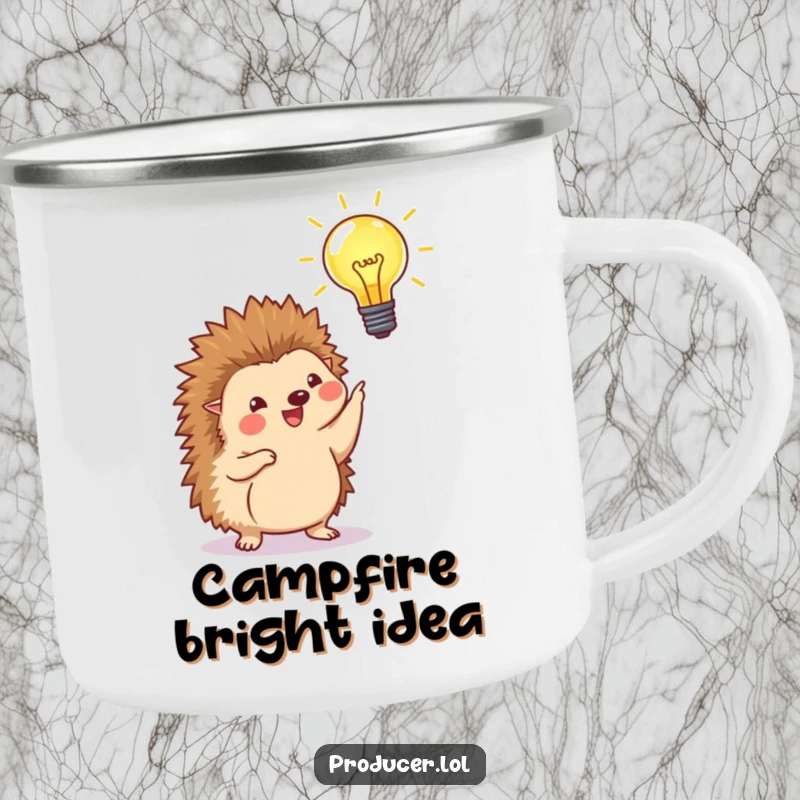 Funny camping mug showcasing a happy hedgehog pointing at a beaming lightbulb, ideal for outdoor drinks with a humorous and inspiring vibe.