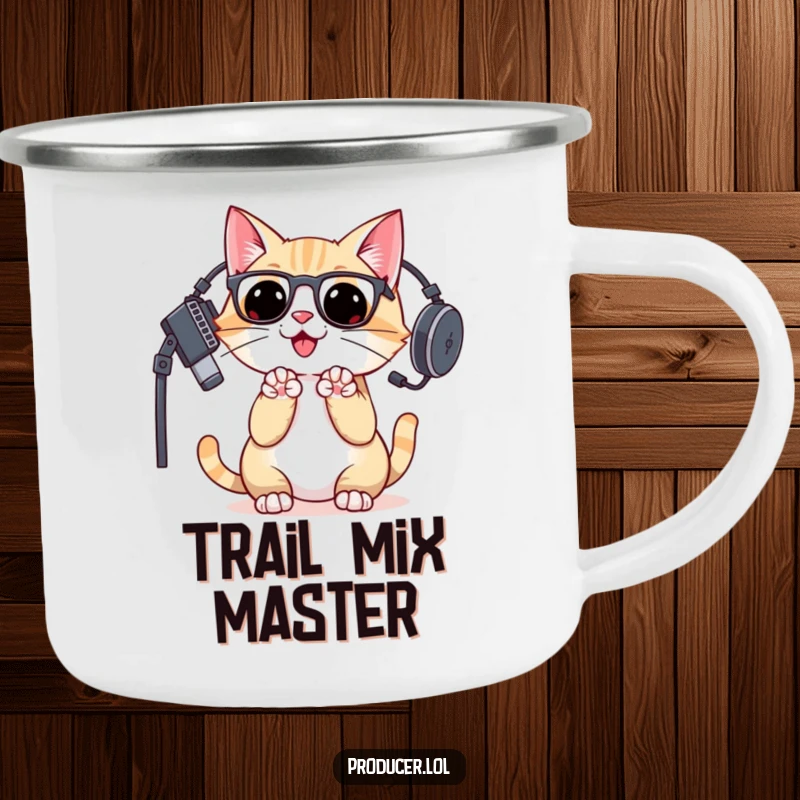 Funny cat DJ with headphones, clapping paws enthusiastically, printed on a sturdy camping mug for outdoor adventures.