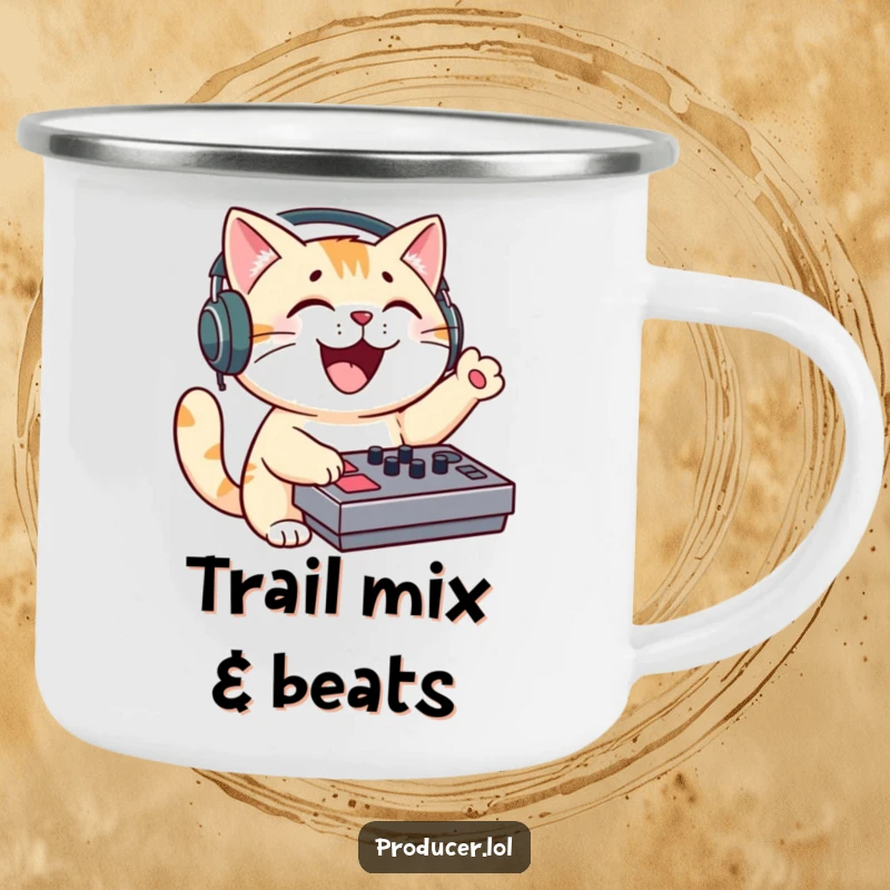 Funny cat DJ camping mug, feline DJ with headphones, mixing music at a campsite, ready for adventure.
