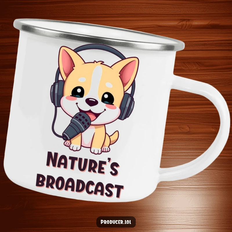 Funny camping mug showing a happy dog wearing a headset and microphone, ready for an outdoor performance or broadcast.