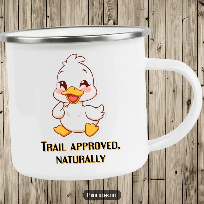 Funny duck camping mug featuring a cheerful duck winking and nodding, perfect for outdoor drinks and humorous vibes.