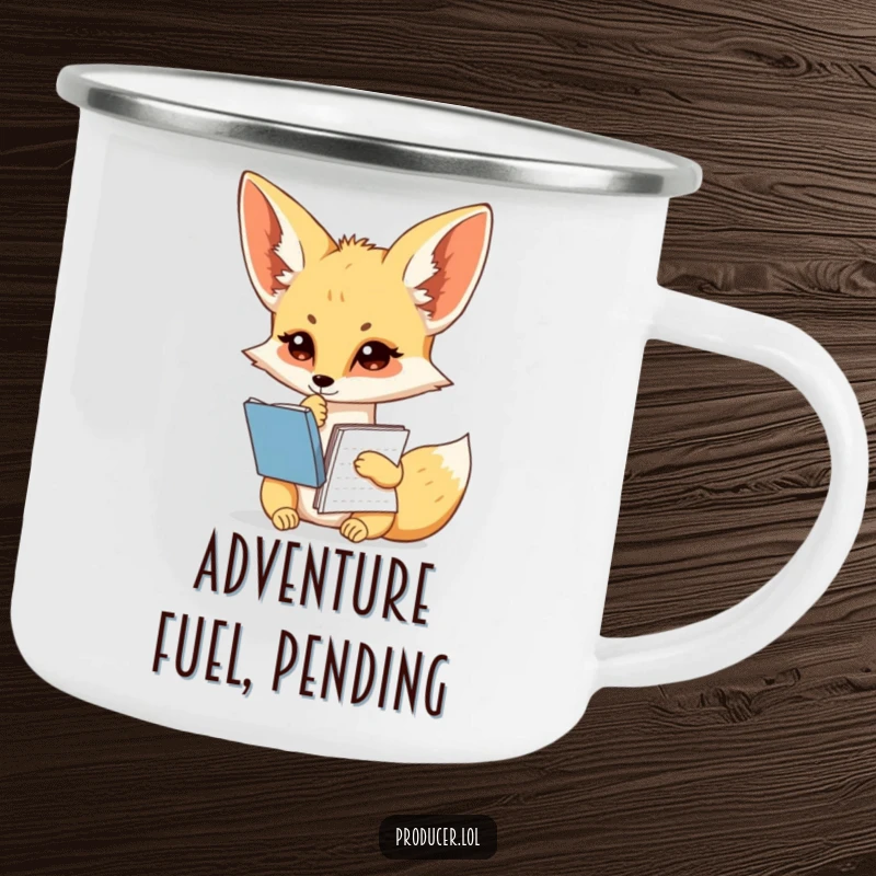 Funny fennec fox camping mug, pondering writer, script notebook, outdoor adventure, rugged enamel mug.