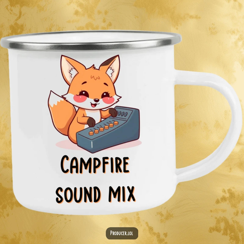 Funny fox camping mug, outdoor DJ theme, cheerful design, durable and portable, ideal for adventures.
